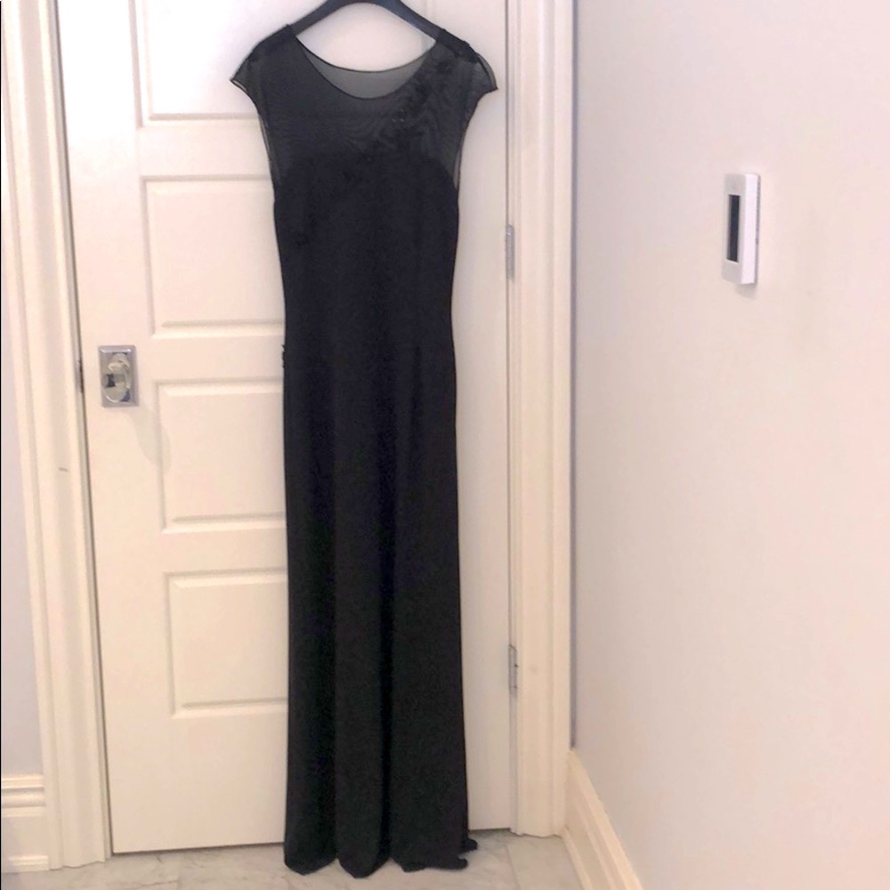 black full-length designer gown with illusion neckline and back, beading size 6